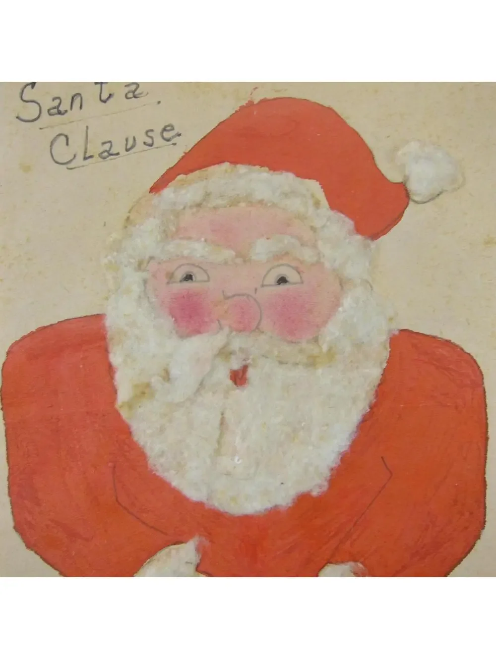 Vintage Christmas Card Handmade Santa Clause Red Suit White Cotton Trim & Hair